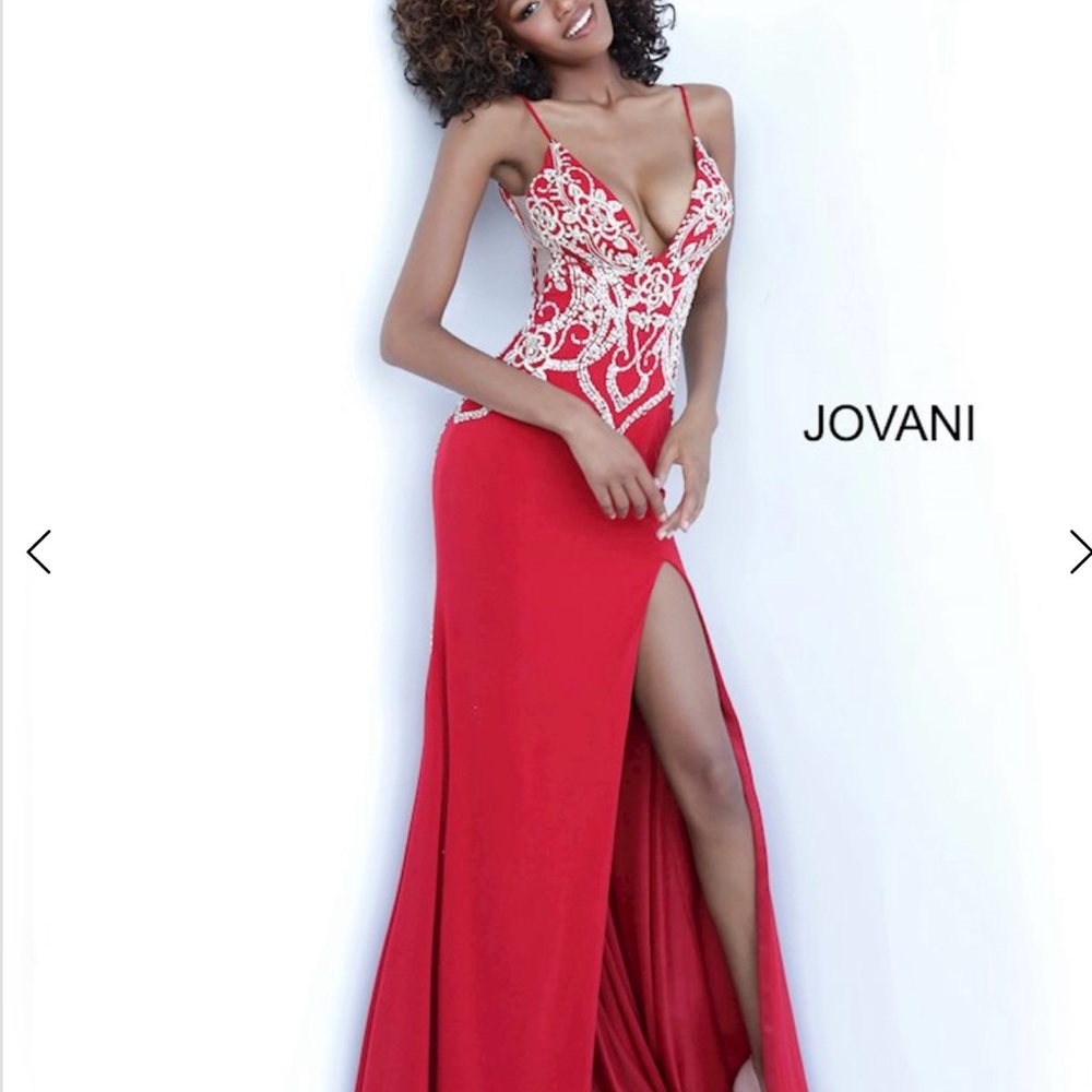 Jovani Red Plunge Neck Prom Ball Evening Bridal beaded rhinestone Gown 6